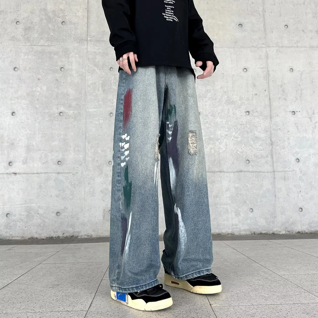 牛仔裤男秋季水洗破洞设计感涂鸦宽松阔腿直筒拖地裤美式vibe裤子