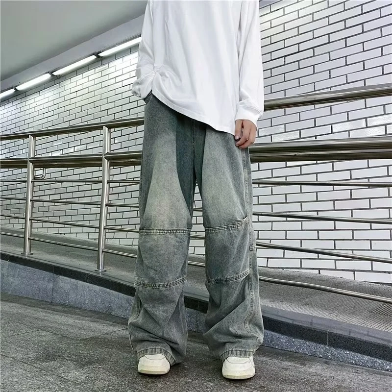牛仔裤男水洗做旧秋季港风复古百搭阔腿拖地长裤宽松直筒休闲裤子
