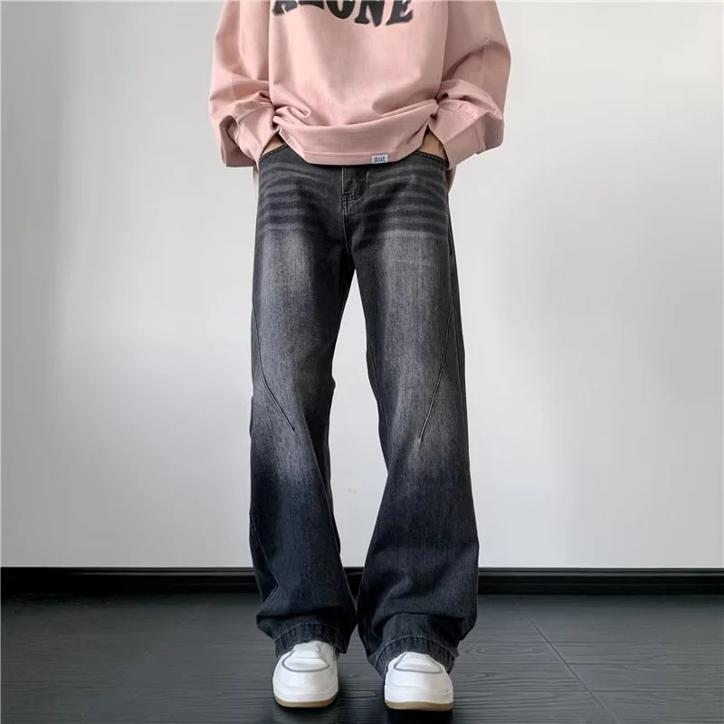 牛仔裤男款秋季美式复古水洗做旧黑色微喇裤宽松直筒休闲阔腿裤子