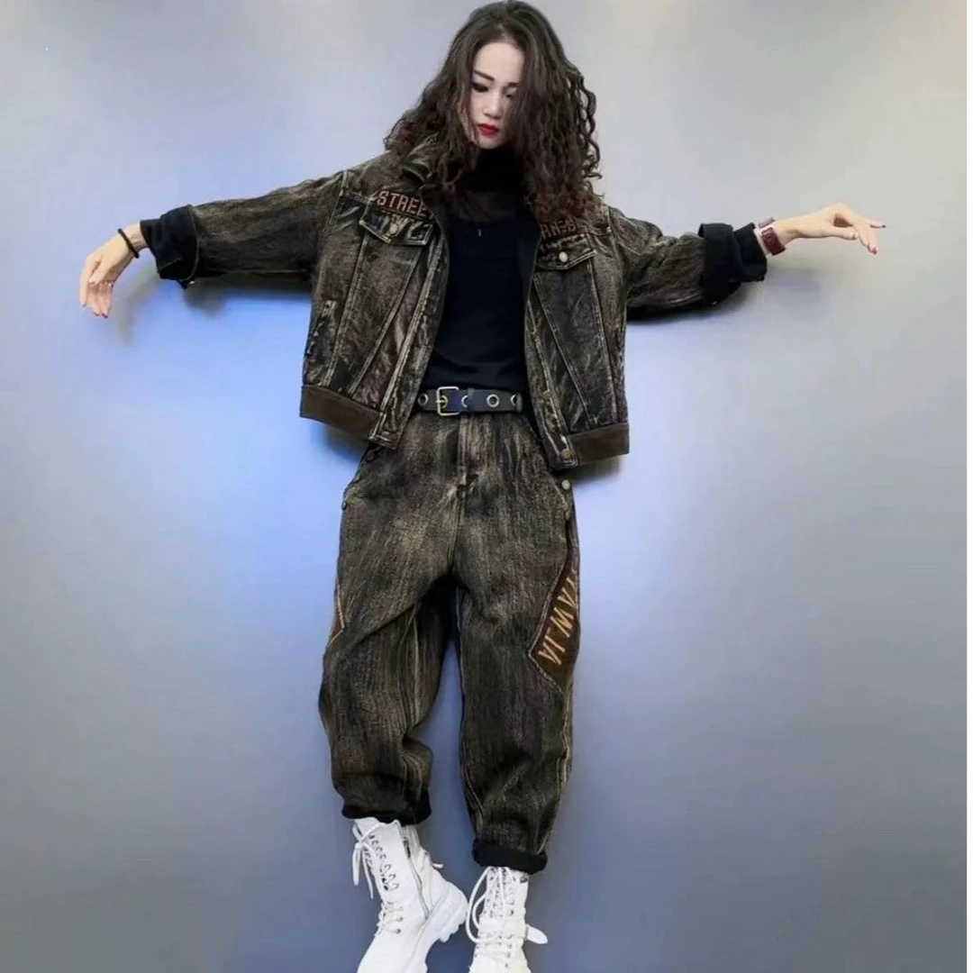 秋季新款加绒牛仔套装女个性时字母刺绣哈伦裤潮流炸街两件套