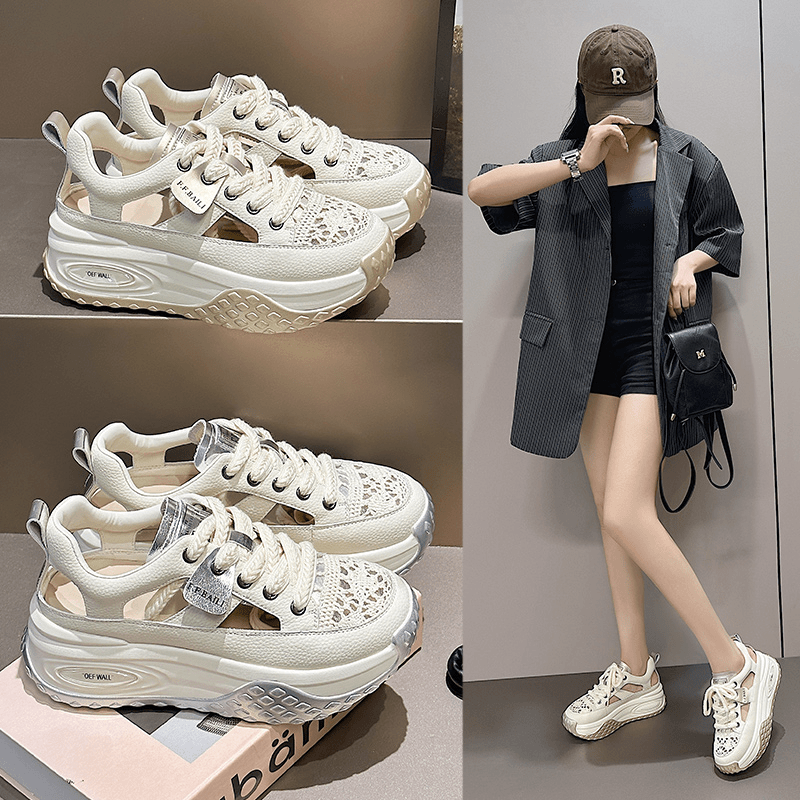 057-1镂空凉鞋女2024夏新款厚底女鞋百搭透气运动休闲老爹小白鞋
