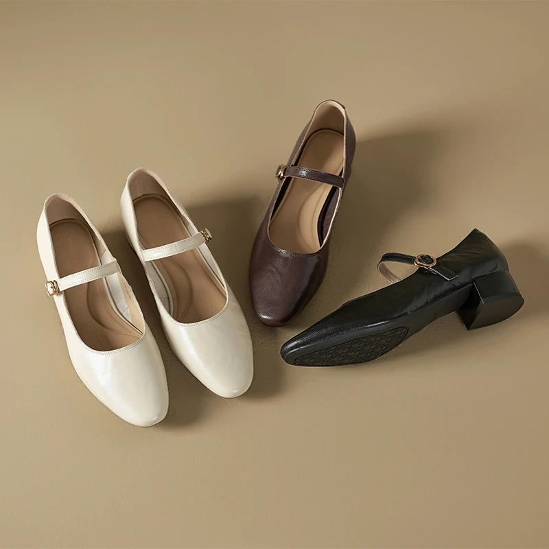 2495-2一字扣粗跟浅口女鞋2025年春秋新款法式复古百搭玛丽珍单鞋