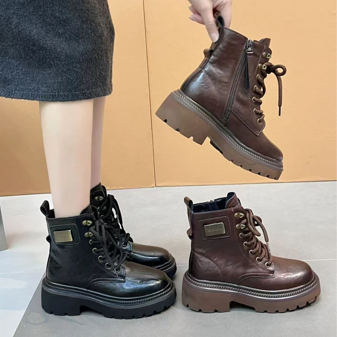 【老彭同学】马丁靴女真皮2024新款显瘦女靴厚底加绒粗跟中跟短筒靴