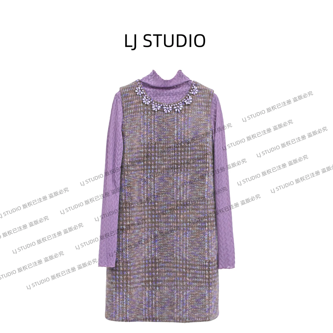 《娇娇专属》气质网红针织轻奢打底紫色设计师秋冬连衣裙LJ20421