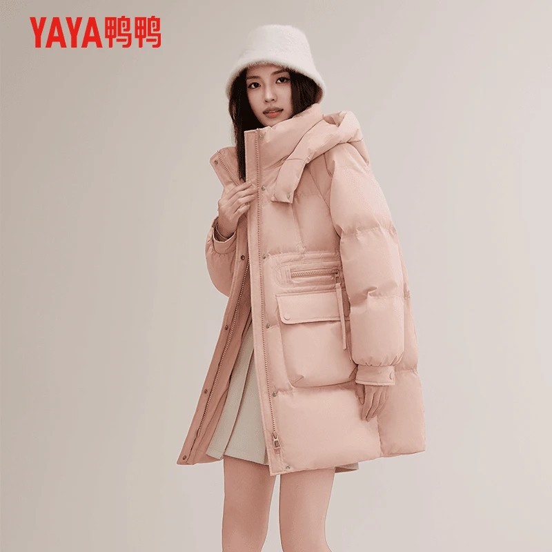YAYA/鸭鸭羽绒服女冬季2024年新品中长款连帽休闲时尚百搭厚外套