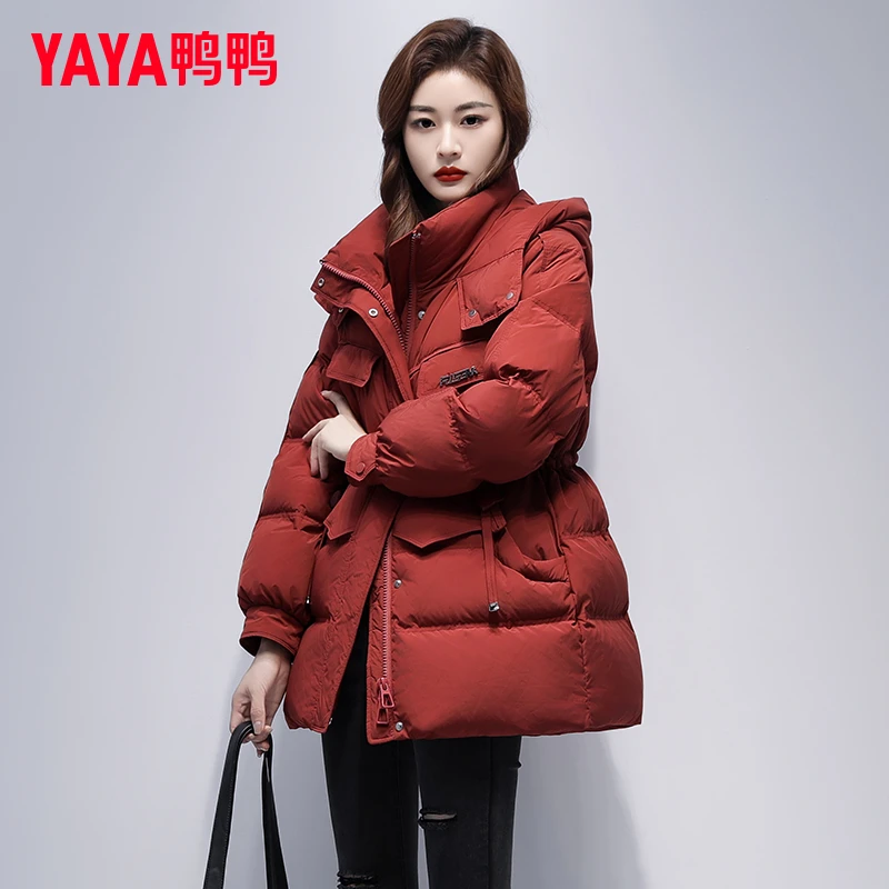 YAYA/鸭鸭中长款连帽羽绒服女2024冬季新款韩版时尚百搭保暖外套