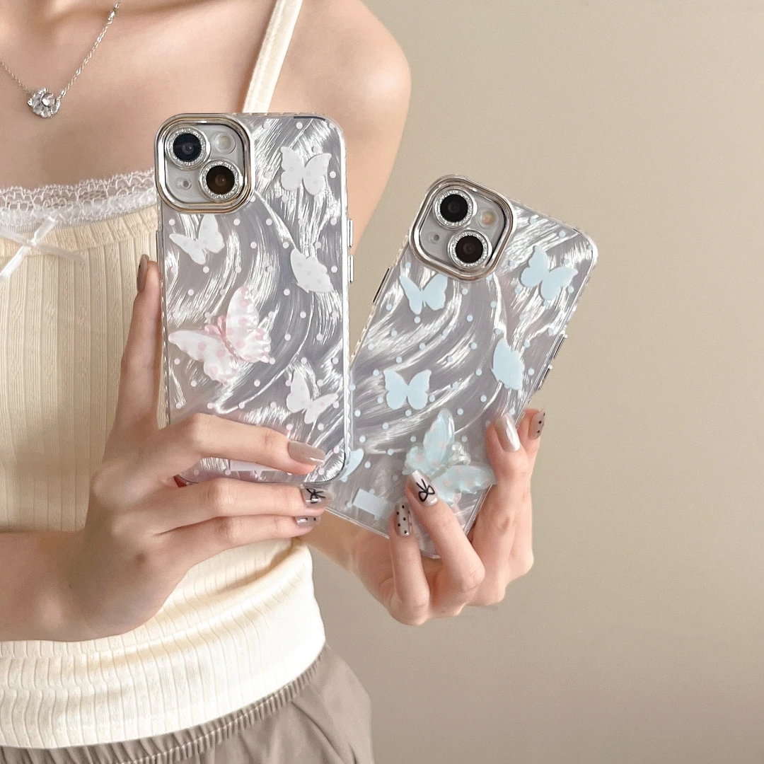 羽纱波点立体蝴蝶适用iPhone14promax苹果15手机壳1312闪粉镜头