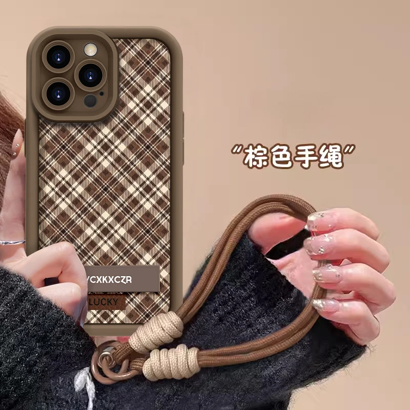 适用于苹果16简约格子手机壳oppo华为vivo流行小羊皮松弛感创意新