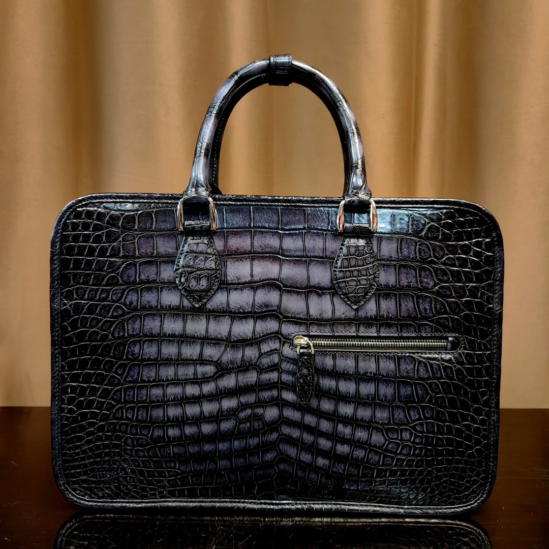 手工搽色鳄鱼皮公文包相思灰38cm男款高档时尚休闲百搭电脑包