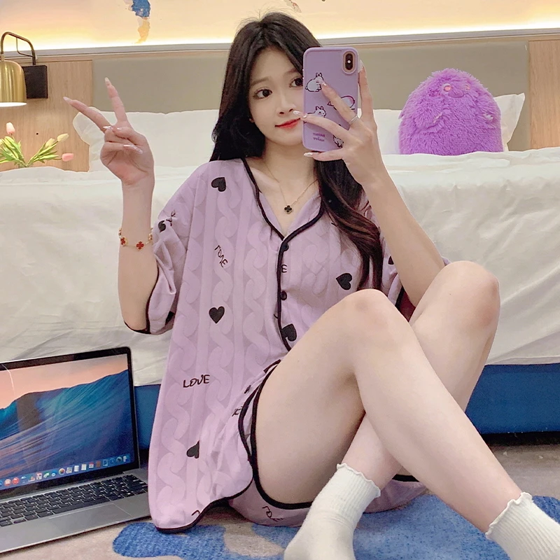 优琦诗网红睡衣女套装短袖学生气质小碎花开衫春夏可外穿家居服