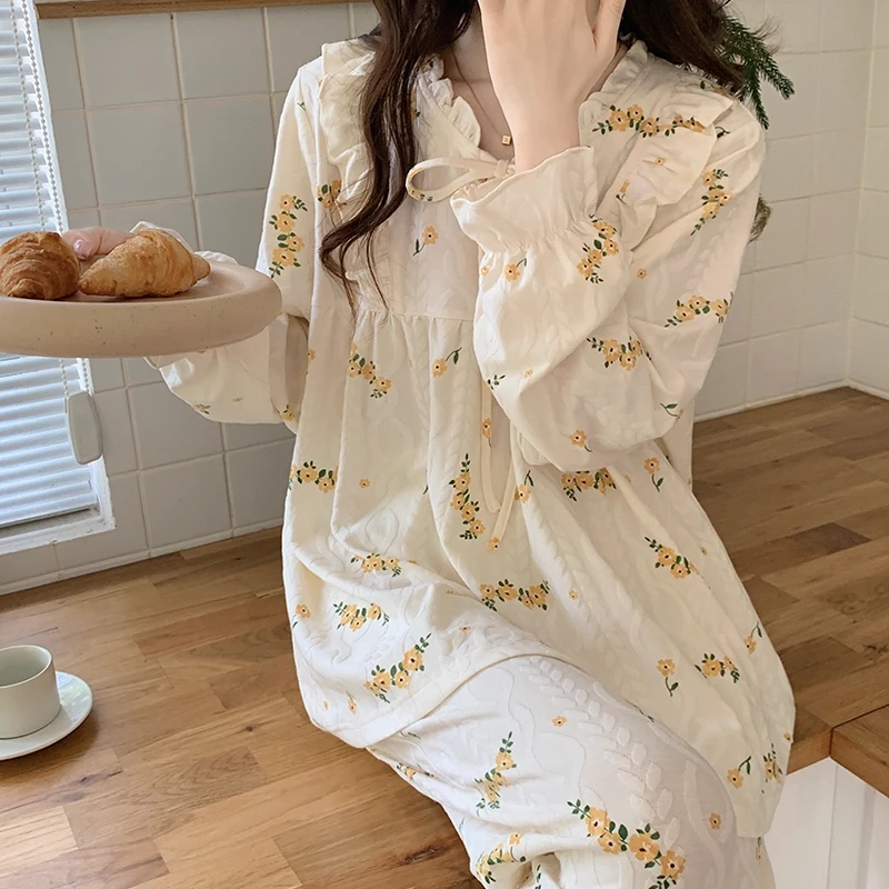 优琦诗网红新款睡衣长袖女春秋提花棉气质薄款小碎花可外穿家居服