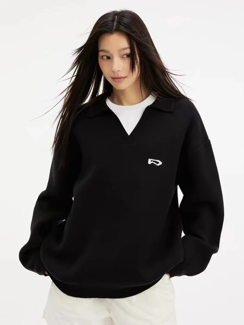 复古黑色V领长袖毛衣针织衫女2024年秋季新款设计感小众宽松上衣
