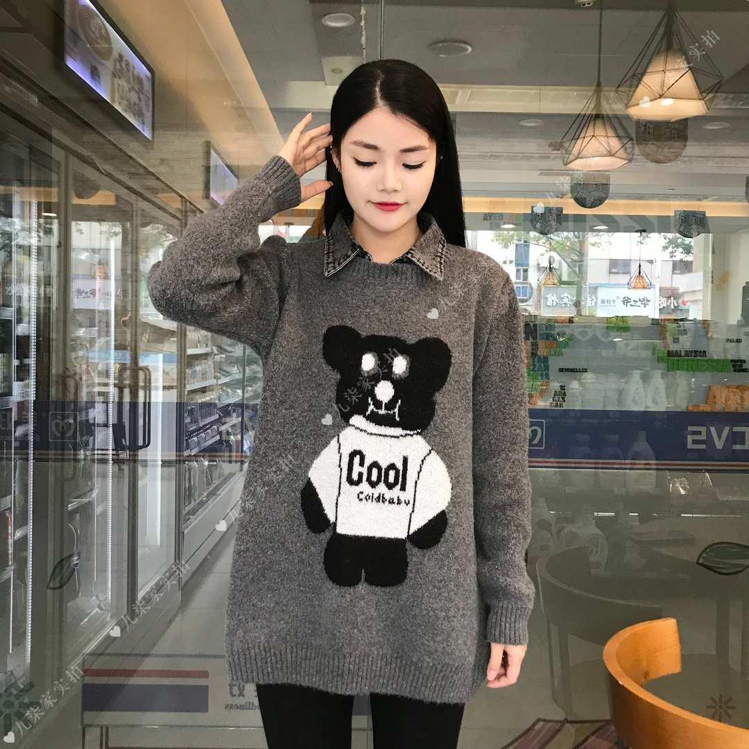 牛仔领小熊毛衣秋冬新款翻领可拆卸套头针织衫时尚假两件百搭上衣