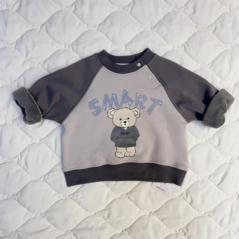 婴儿衣服男童圆领加绒卫衣冬装秋冬儿童女宝宝小童保暖上衣洋气