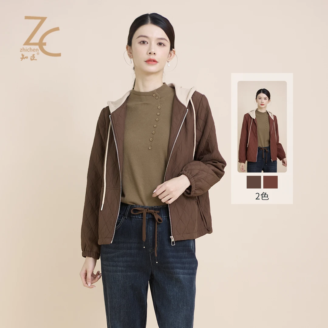 知臣知臣秋季新品 多色抽绳连帽休闲拉链外套女 T24813075