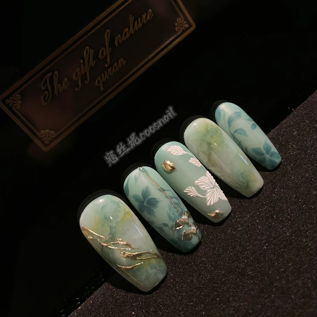 【春意浓】寇丝妮 纯手工穿戴式美甲绿色手绘重工高级感新中式