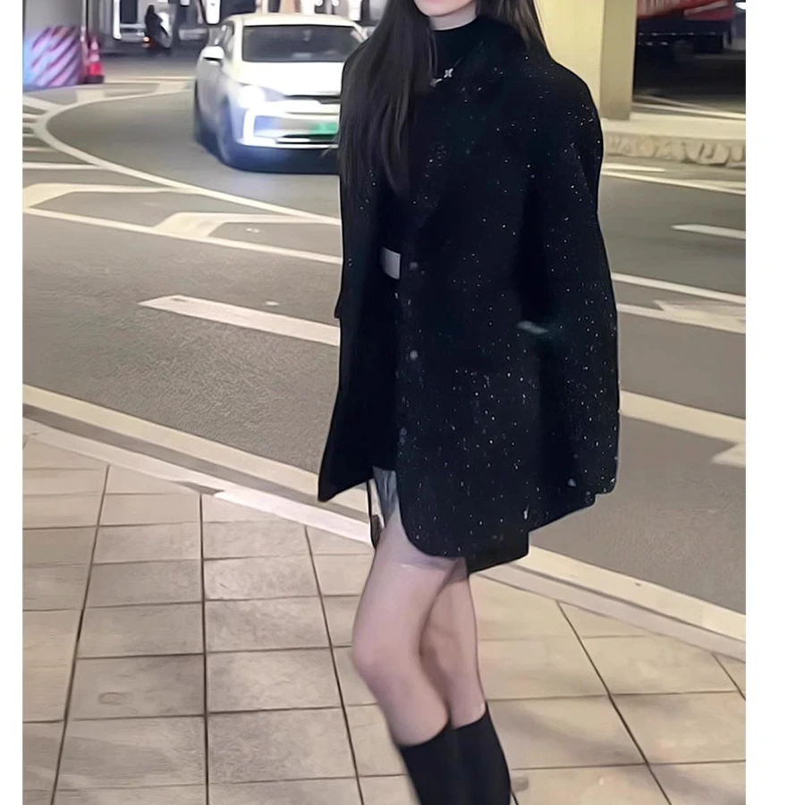 高级感黑色亮闪闪西装外套女2024年秋冬新款宽松显瘦法式气质西服