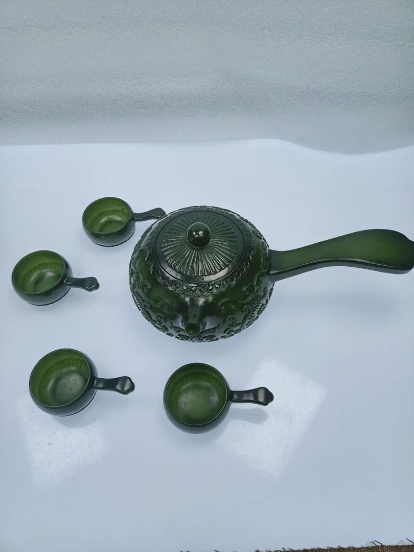 和田玉青玉 大容量茶壶套件 (禅定侧把壶)摆件