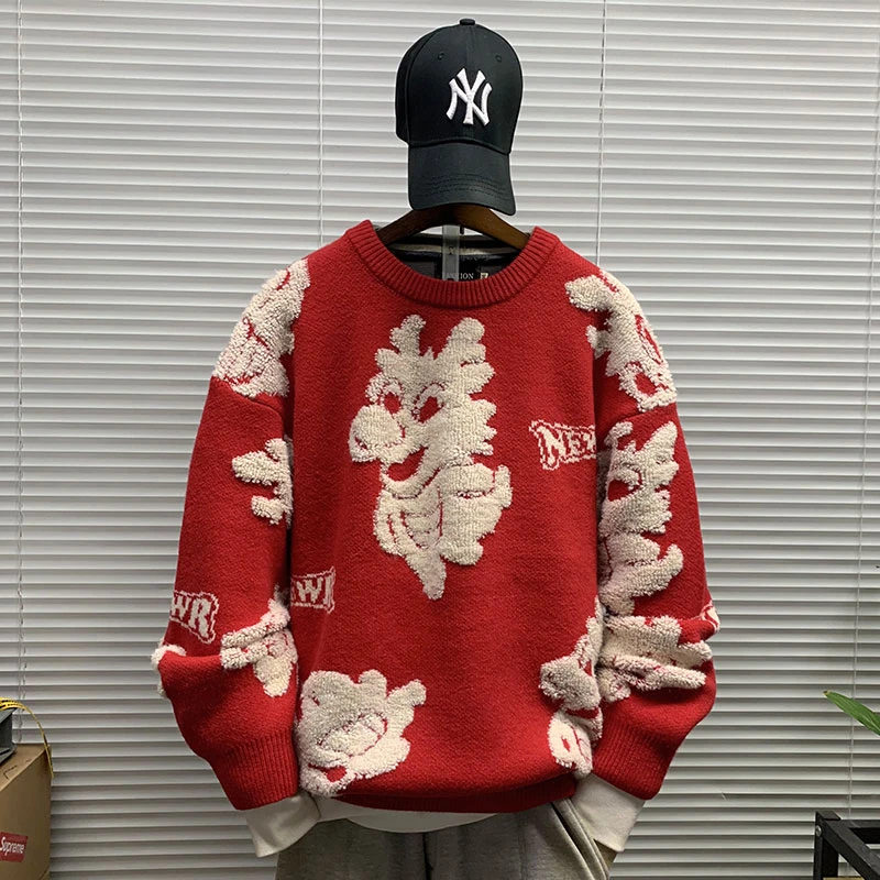 秋冬新款男士套头针织衫提花毛衣外套休闲宽松圣诞重磅保暖毛线衣