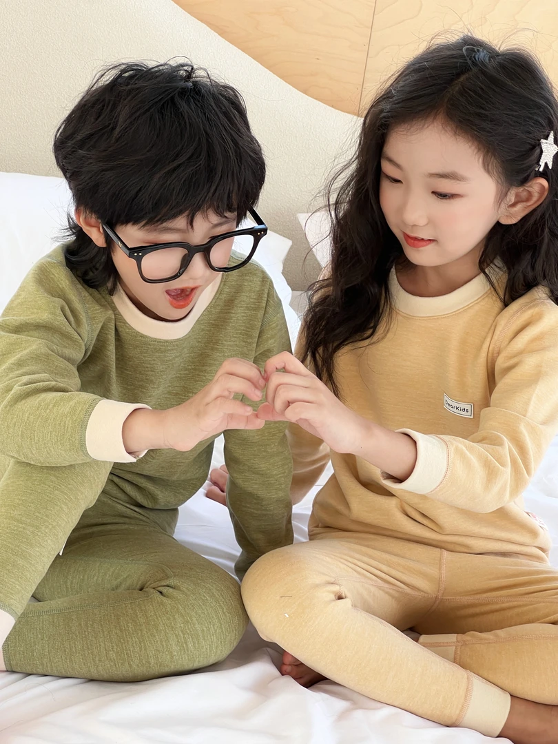 【多鱼妈妈专属】羊毛蚕丝儿童睡衣家居服保暖秋冬内衣套加厚圆领
