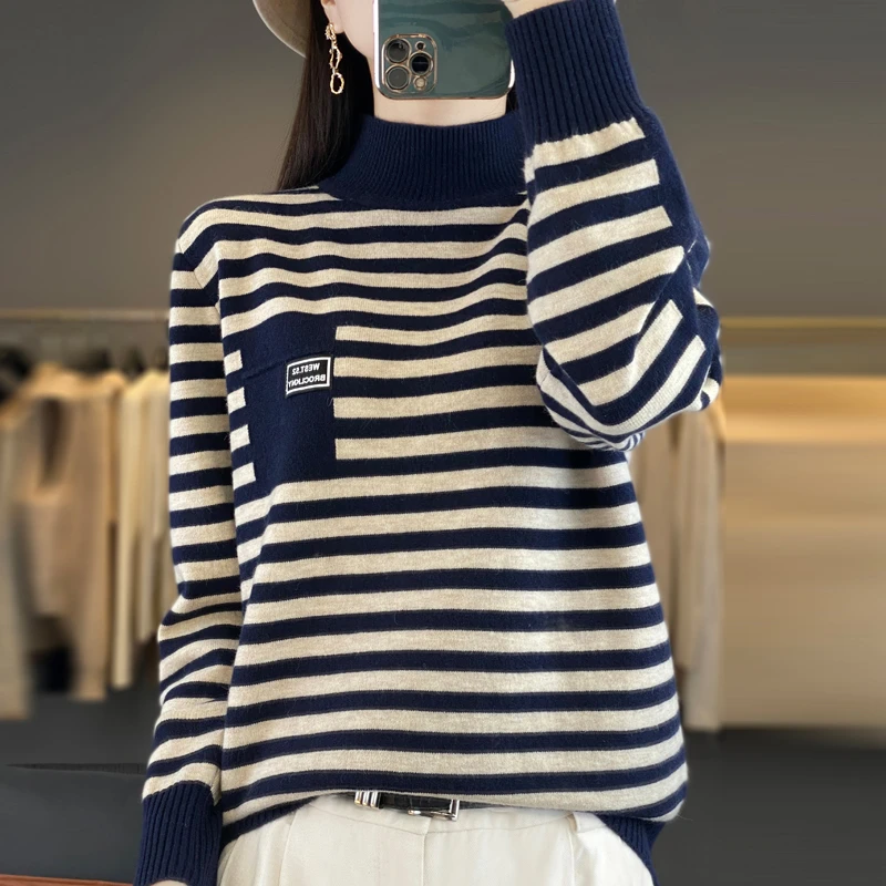 太好穿了！爆款条纹半高领毛衣时尚大码洋气针织打底衫