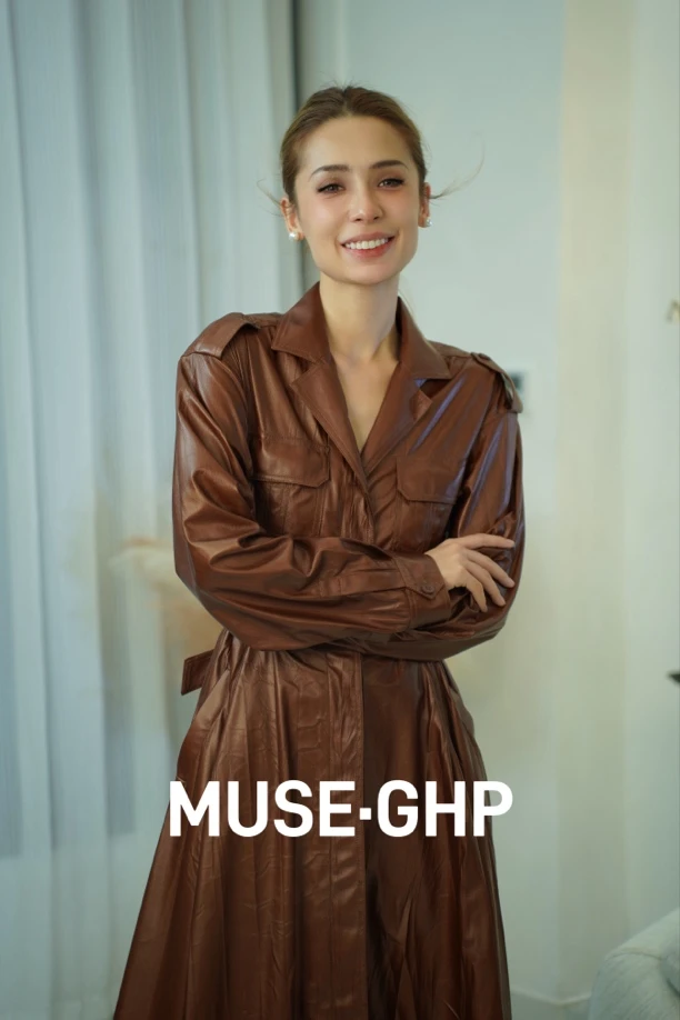 Muse·Ghp英伦风老钱翻领收腰系带长款皮衣外套连衣裙
