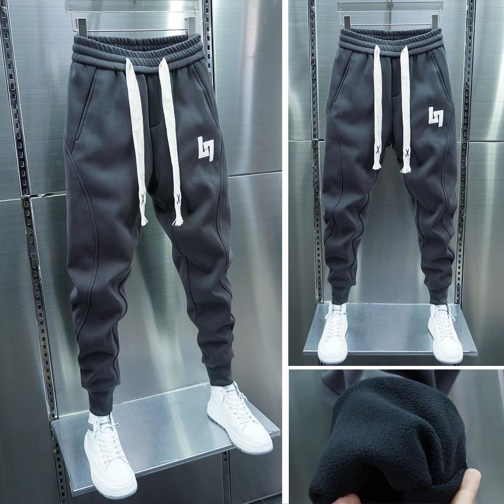 冬季加绒加厚男运动卫裤刺绣休闲裤纯色抽绳弹力修身束小脚裤