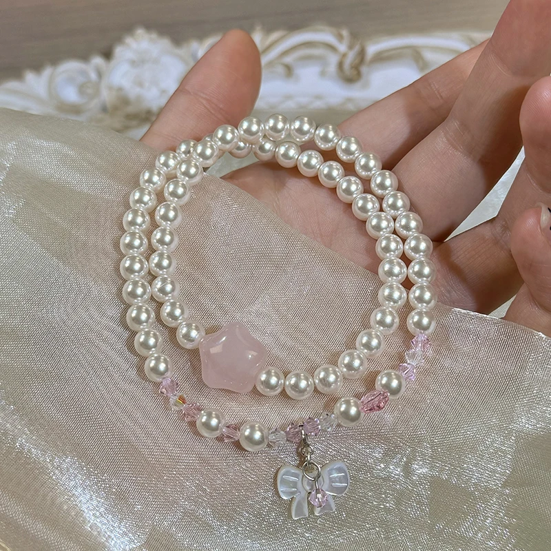 tx364-双圈施家珠施华洛粉晶星星贝母蝴蝶结珍珠手串