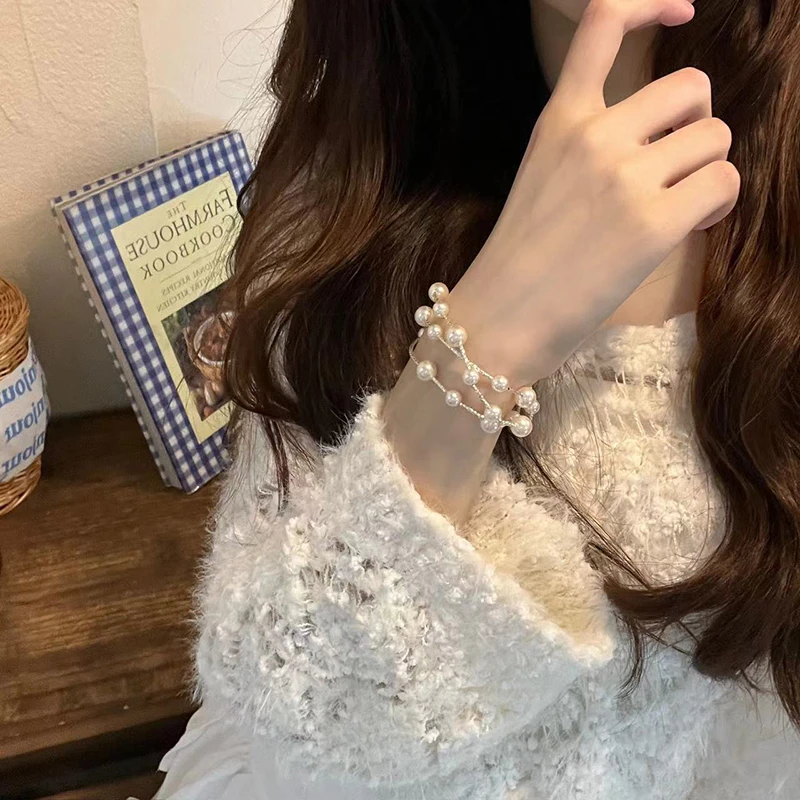 925银手链 tx635-[满天星]三圈珍珠点缀s925银弯管施家珠手串