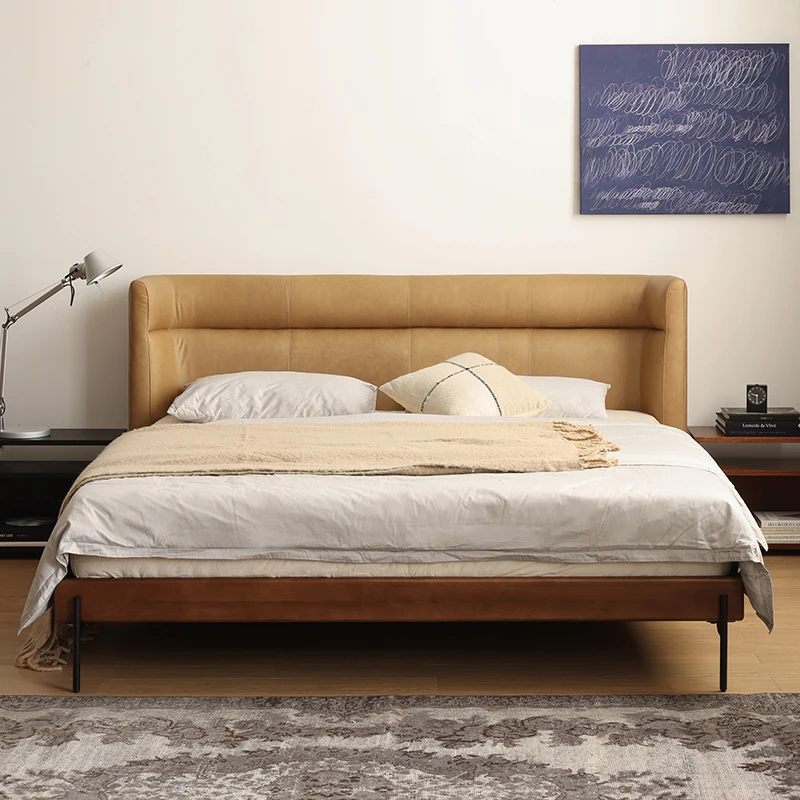 北欧进口油蜡真皮表情RELY靠背实木双人床意式中古风MCM焦糖色