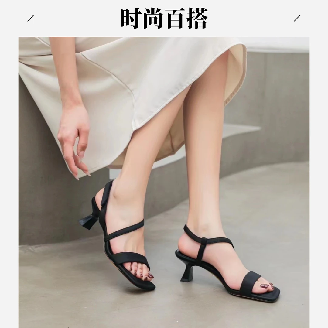 5厘米310611夏新款时尚性感一字带魔术贴方头中跟露趾细跟凉鞋女