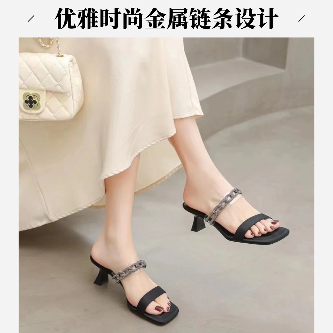 欣小馆310613水钻方头软皮低跟后空细跟凉拖女新款一字带时装凉鞋