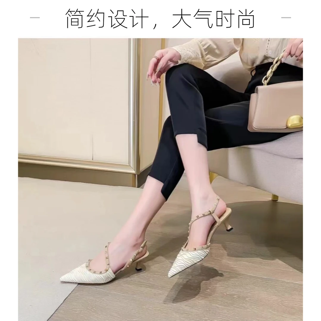 [YDAJERE]一字扣女细跟铆钉2025夏季新款后空包头低跟凉鞋699921