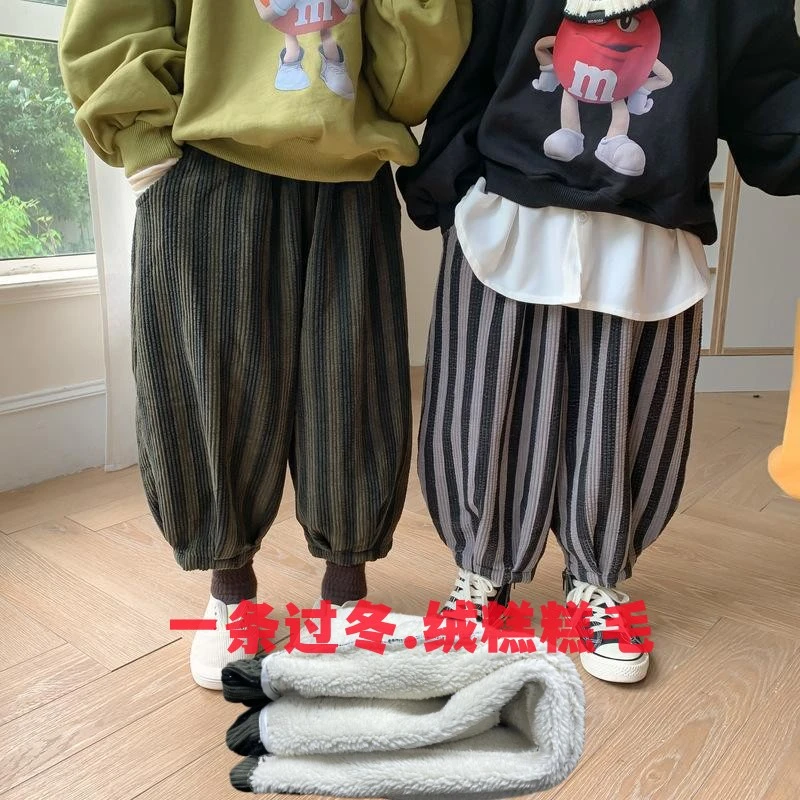 童装2022秋冬男女童加绒竖条纹休闲裤儿童宽松一体绒韩系裤加厚