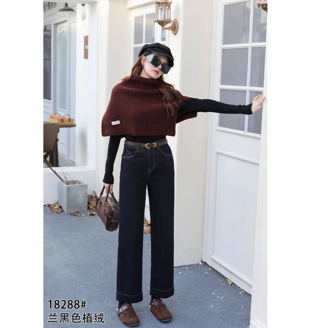 18288冬季加厚加绒长裤小个子九分裤丹宁蓝底抓毛防脱色牛仔裤