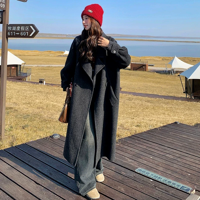 韩版气质长款深灰色毛呢大衣女2024冬季新款显瘦加厚过膝呢子外套