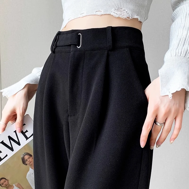 黑色高腰毛呢西装阔腿裤女秋冬2024新款窄版小个子直筒裤