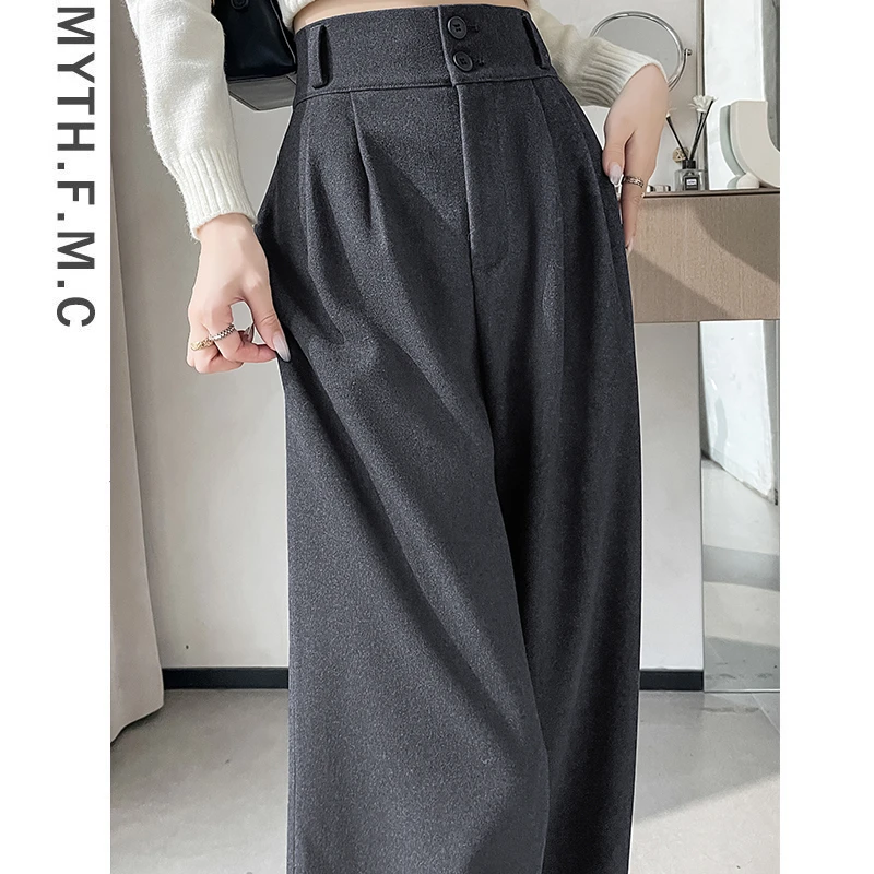 灰色高级感毛呢西装裤子女秋冬季2025新款高腰直筒窄版阔腿裤垂感