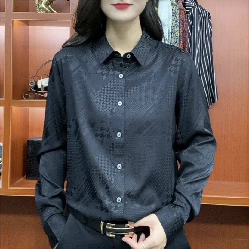 秋季新款男士桑蚕丝衬衫纯色千鸟纹黑色长袖时尚商务男装休闲轻奢