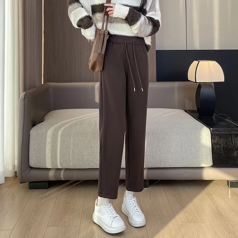 加绒毛呢哈伦裤女秋冬2025新款小个子高腰显瘦宽松加厚九分直筒裤