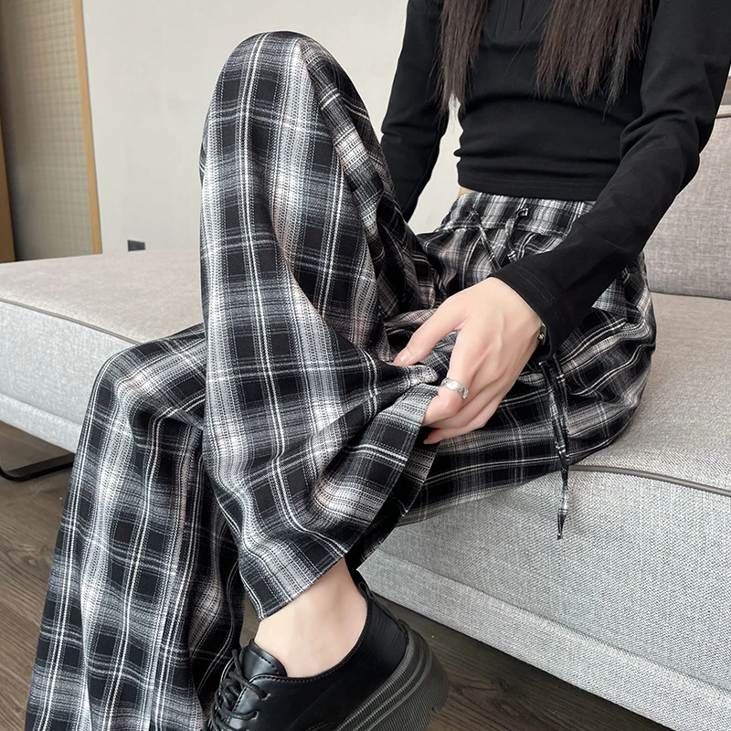 黑白格子休闲阔腿裤女垂感直筒裤