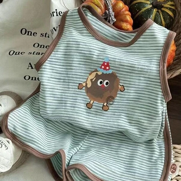 纯棉儿童条纹无袖背心短裤套装男女童夏季宝宝卡通时尚小童衣服潮