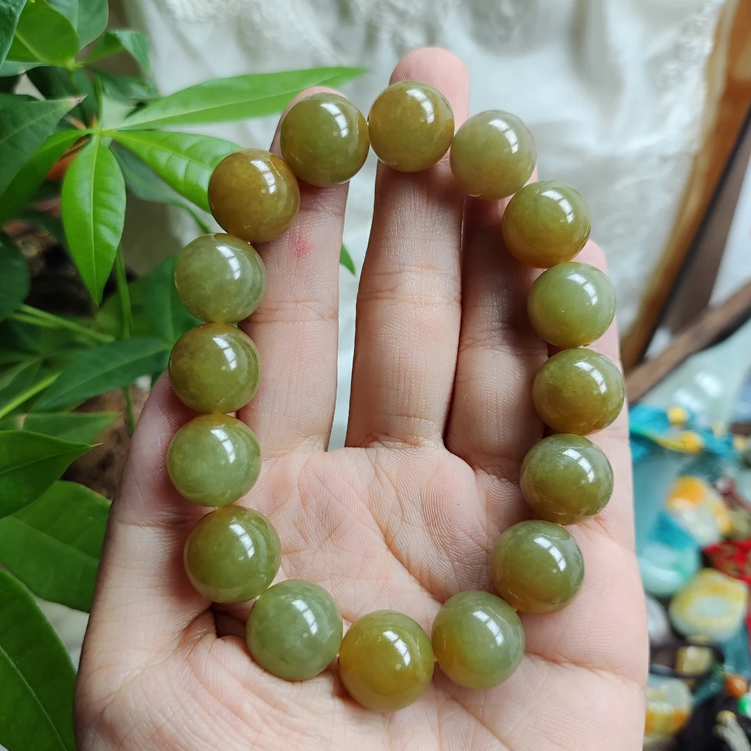 自然光实拍 天然缅甸翡翠糯冰黄翡手串