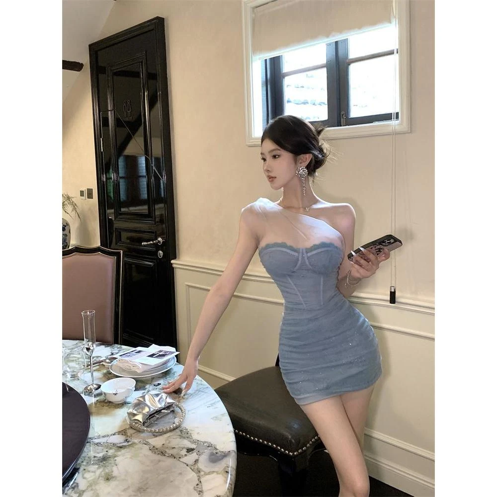 韩版气质辣妹蕾丝网纱拼接修身包臀显瘦短款抹胸礼服连衣裙女夏季