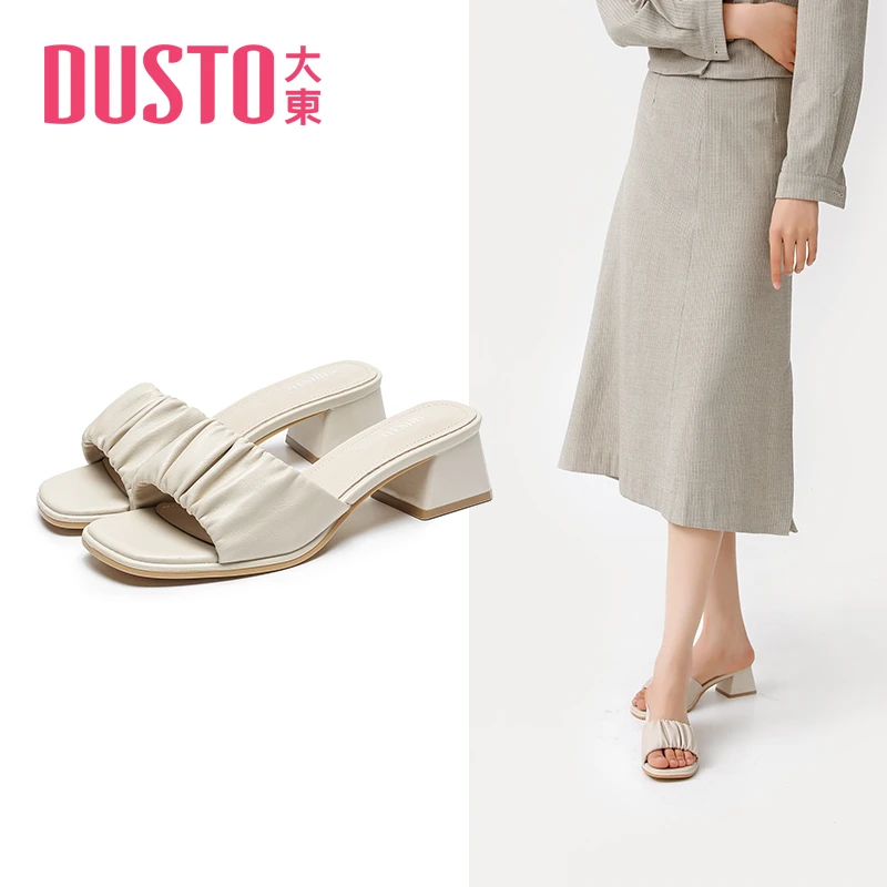DUSTO/大东2024年夏季新款凉拖甜美褶皱套脚凉鞋中跟外穿女鞋0600