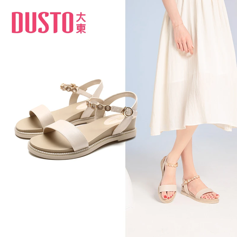 DUSTO/大东夏季新款甜美日常一字扣凉鞋坡跟中跟纯色女鞋X0202J