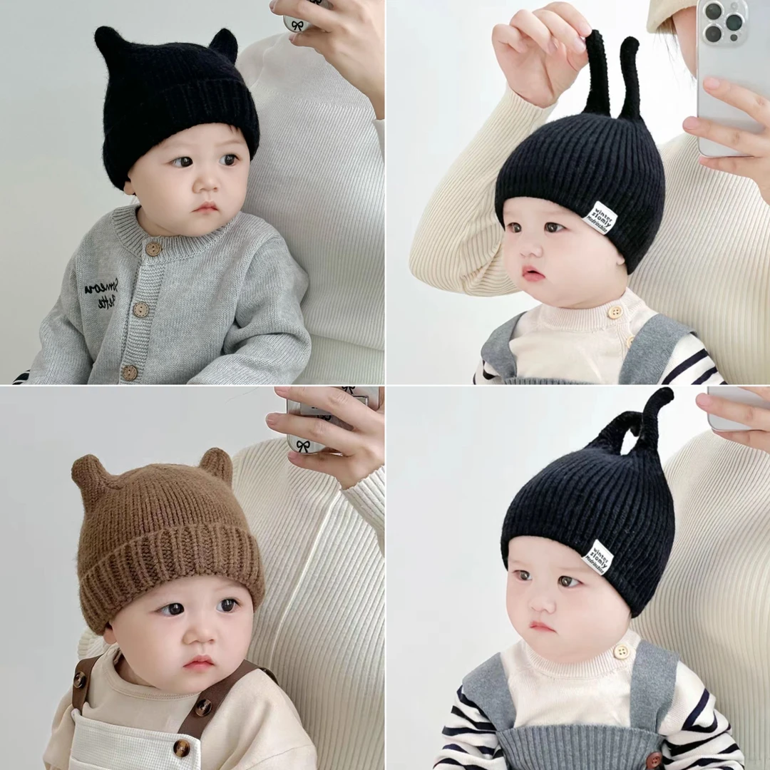 日韩ins风婴儿针织帽秋冬可爱小触角男女宝宝保暖纯色儿童毛线帽