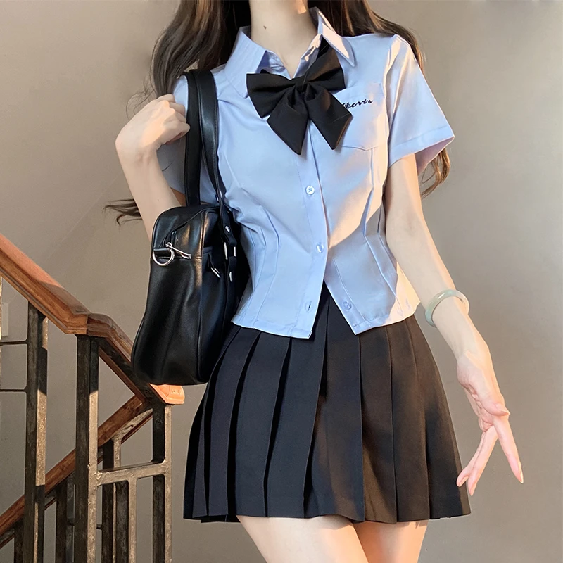 jk衬衫收腰刺绣夏季短袖衬衣女上衣休闲显瘦学生长袖修身白套装