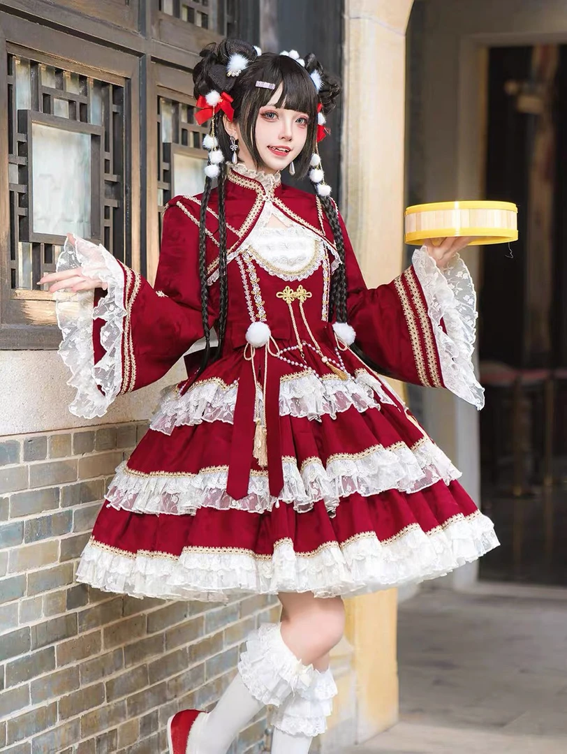 【现货】烟火年年红色圣诞新年中华风上衣jsk吊带裙套装lolita秋冬