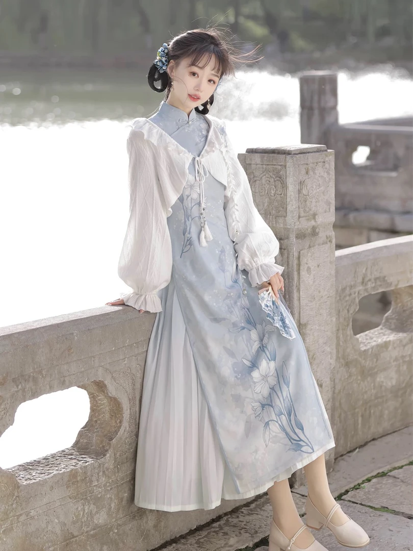 【现货】霜降百合花长款旗袍开衫外套年轻款少女国风连衣裙长袖春秋